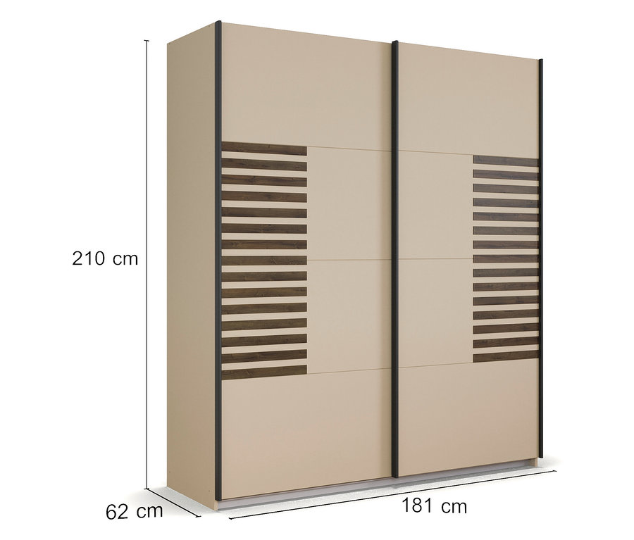 Beiger Kleiderschrank mit Schiebetüren und horizontalen Holzstreifen. Maße: 210 cm hoch, 181 cm breit, 62 cm tief.