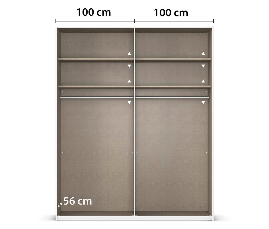 Draufsicht auf einen Schrank mit zwei Schiebetüren, 100 cm breit und 56 cm tief, mit Regalen und Kleiderstange.