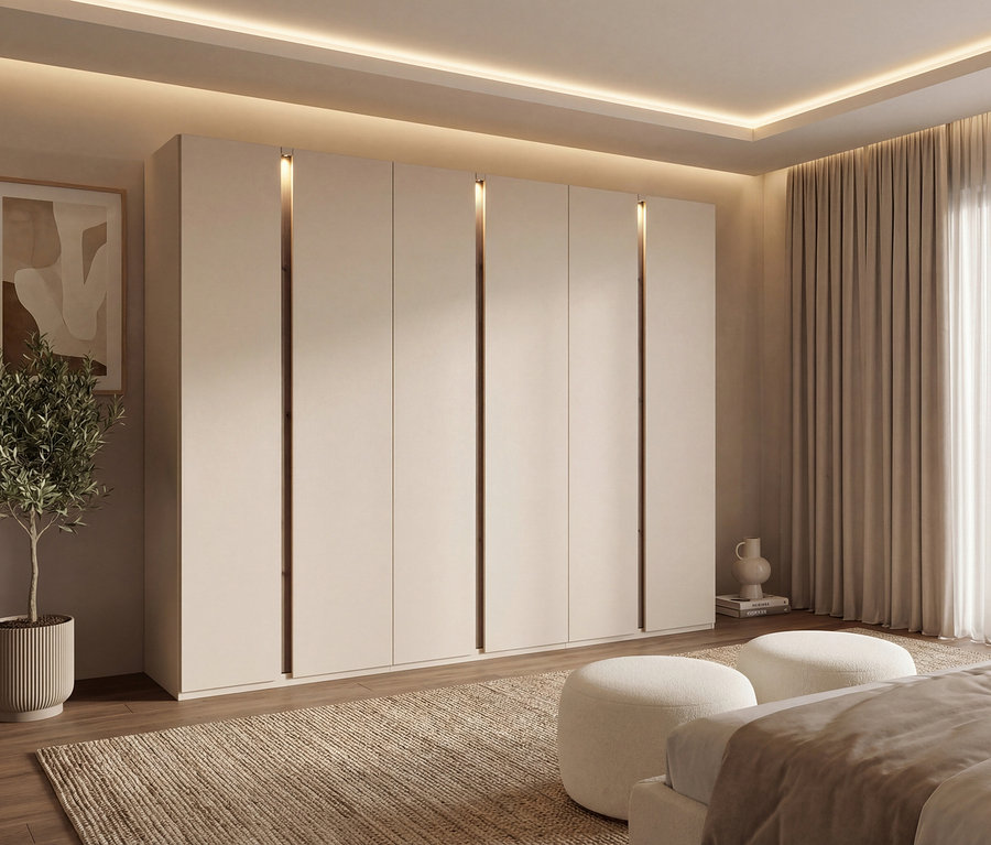 Schlafzimmer mit Rauch Kleiderschrank »Luana«, 6-türig, mit Beleuchtung. Zwei weiße Hocker stehen vor dem Bett.