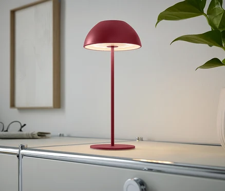 Eine rote Lampe steht auf einem Schrank neben einer Zimmerpflanze.