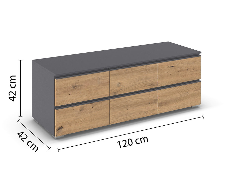 Das graumetallic/Eiche Artisan rauch TV-Element »Joel« steht vor einem weißen Hintergrund.