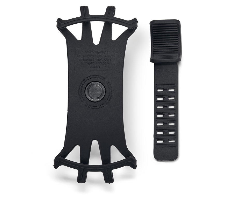 Schwarze Handyhalterung und ein Band liegen auf einem weißen Hintergrund.