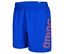 Blaue Badehose mit orangefarbenem Arena-Schriftzug.