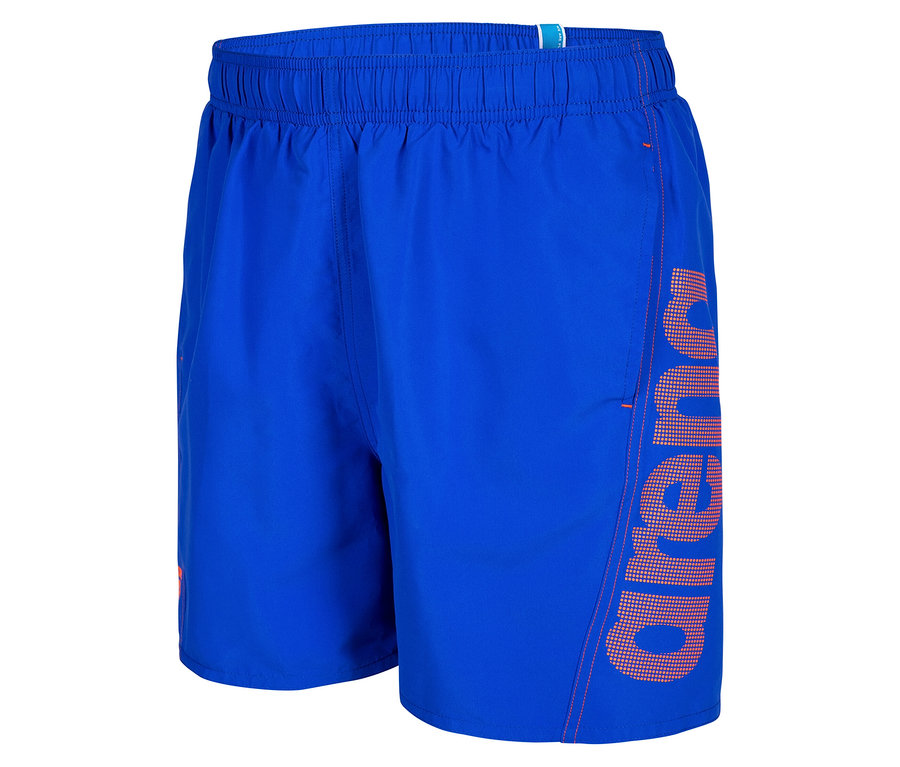 Blaue Badehose mit orangefarbenem Arena-Schriftzug.