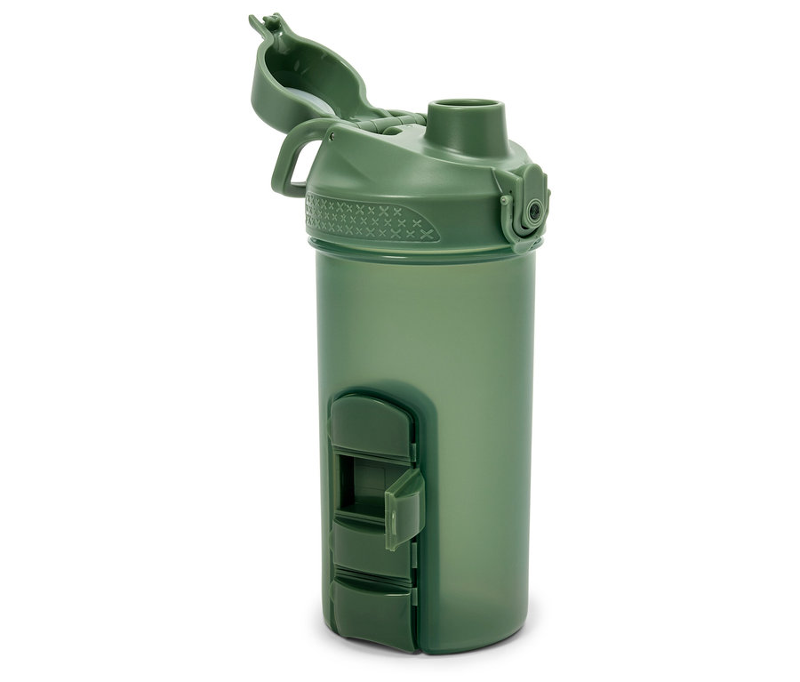 Grüne Wasserflasche mit offenem Deckel und Fach.