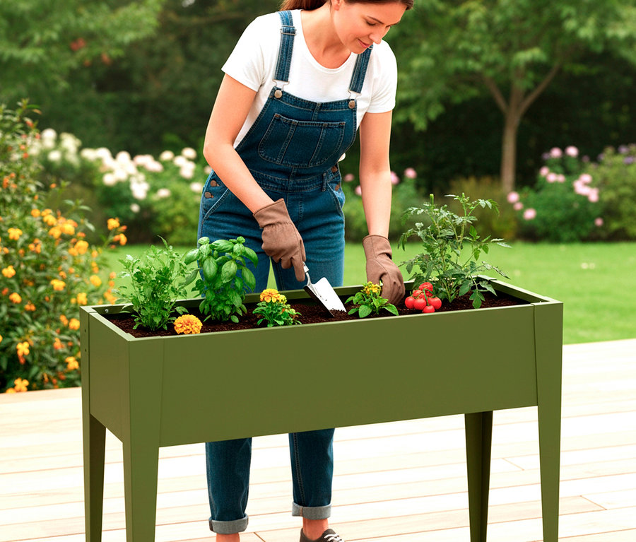 Frau pflanzt mit einer Schaufel in einem grünen Hochbeet im Garten.