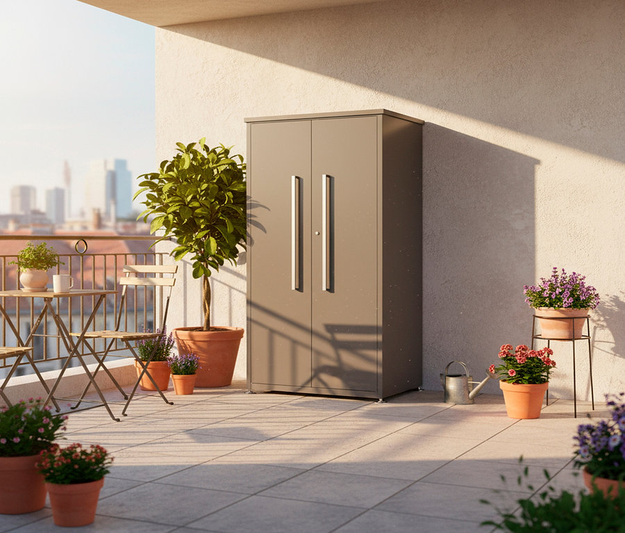 Auf einem sonnigen Balkon stehen ein grauer Schrank, ein Tisch mit zwei Stühlen und mehrere Blumentöpfe.