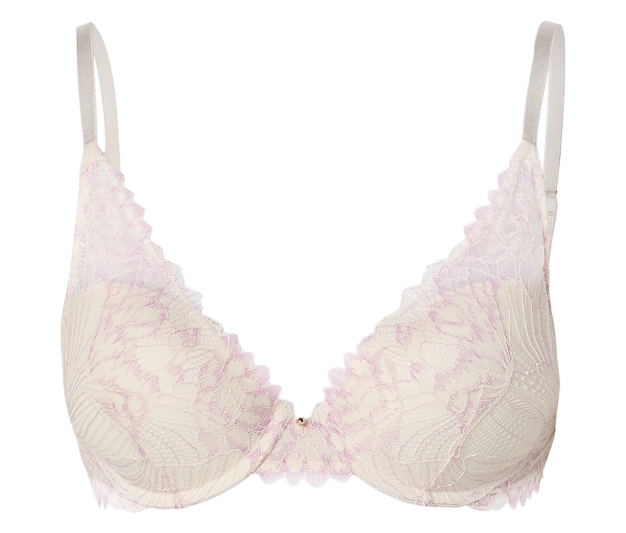 Elfenbeinfarbener BH mit zarter, rosa Spitze und silbernen Trägern.