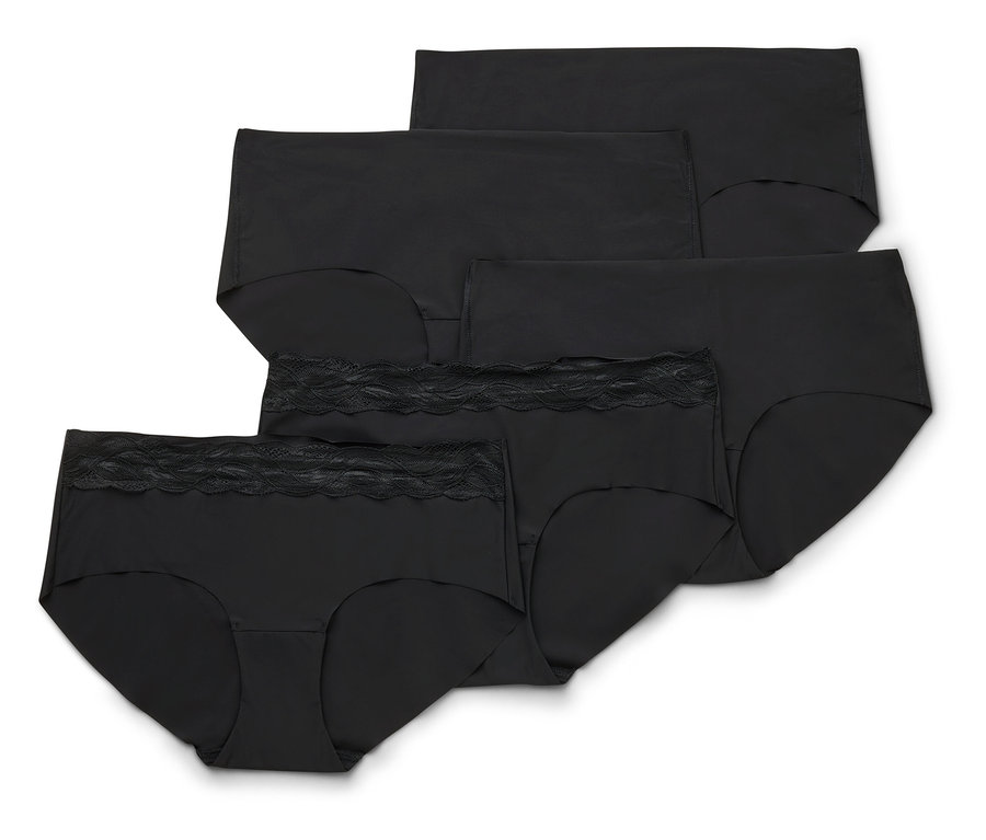 Fünf schwarze Magic-Cut-Pantys, die vorderste mit schwarzer Spitzenborte am Bund.