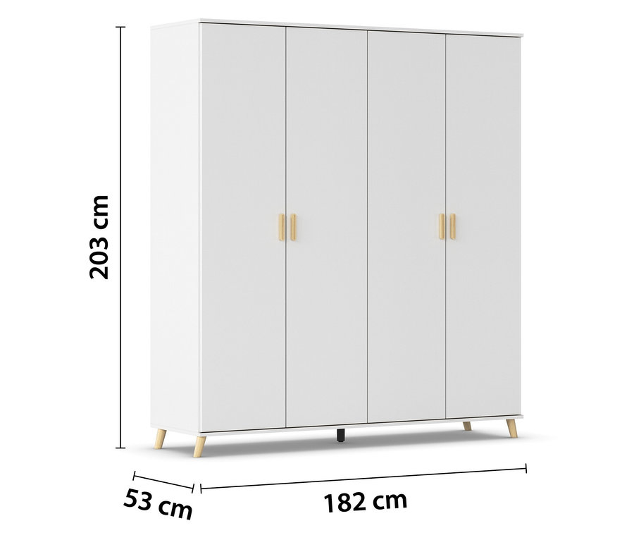 Weißer Kleiderschrank mit vier Türen und goldenen Griffen, Maße sind eingezeichnet.