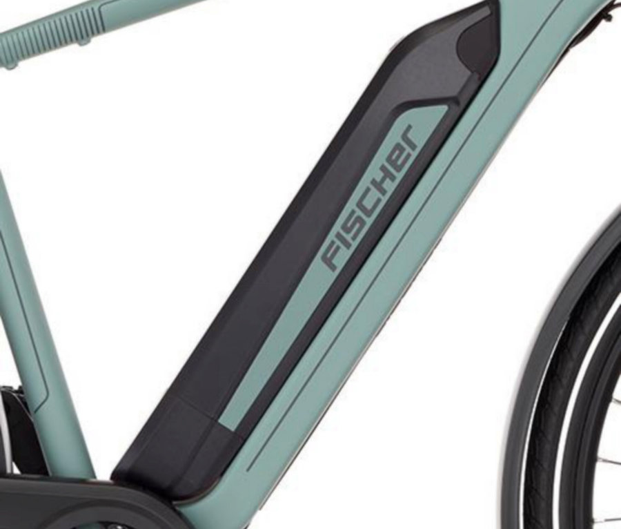 Detailansicht eines mintgrünen FISCHER Trekking E-Bike VIATOR 2.1 ACTIVE mit Diamant-Rahmen, mit schwarzem Akku.