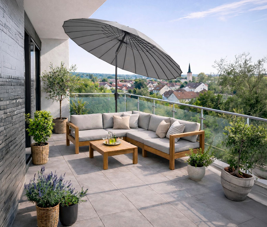 Auf einer Terrasse steht ein hellgrauer Leco Shanghai Sonnenschirm (Ø 270 cm) über einer Loungegarnitur mit Tisch und Pflanzen.