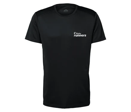Schwarzes T-Shirt mit kurzem Arm und Aufdruck "Tchibo runners" auf der Brust.