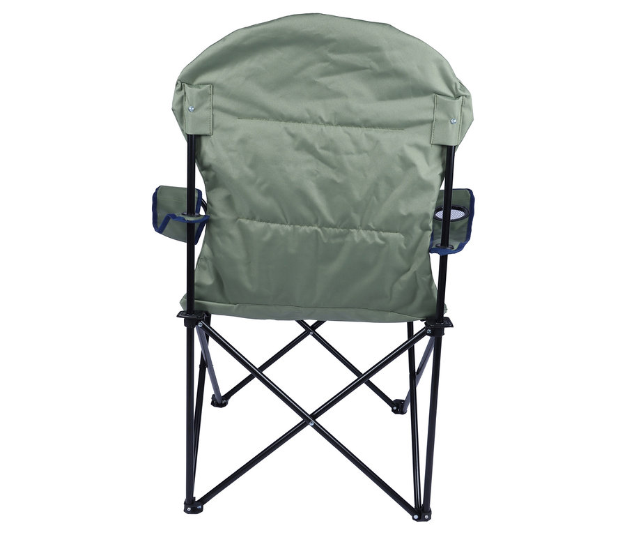 Rückansicht eines Tambu »BENGALA« Camping-Faltstuhls in Khaki mit Getränkehaltern an den Armlehnen.