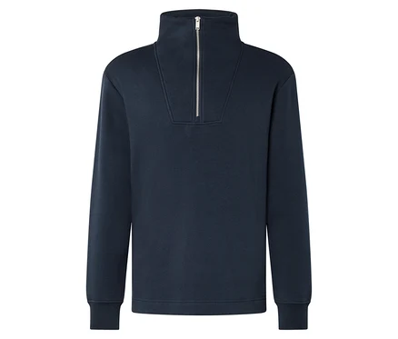 Dunkelblaues Sweatshirt mit Reißverschluss am Kragen.