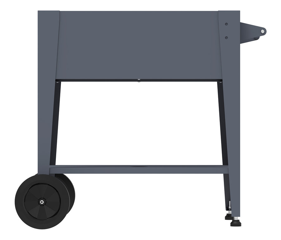 Grauer Grillwagen mit schwarzen Rädern.