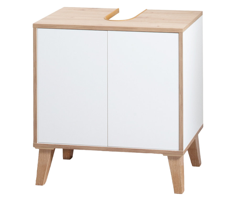 Der Roba Waschbeckenunterschrank »Morena« mit 2 Türen, weiß und Artisan-Eiche, steht vor einem weißen Hintergrund.