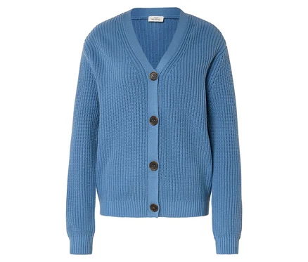 Hellblaue Strickjacke mit V-Ausschnitt und drei braunen Knöpfen.