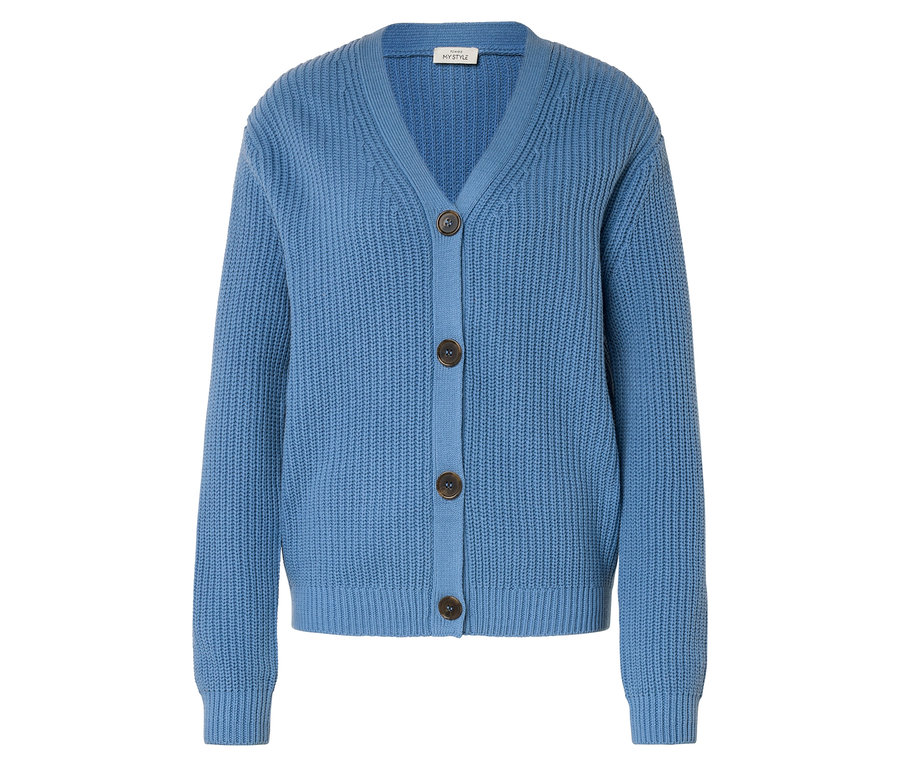 Hellblaue Strickjacke mit V-Ausschnitt und drei braunen Knöpfen.