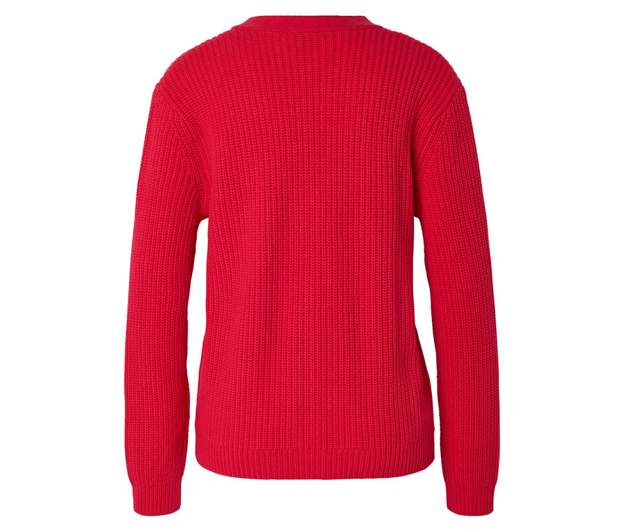 Rückansicht eines roten Strickpullovers.