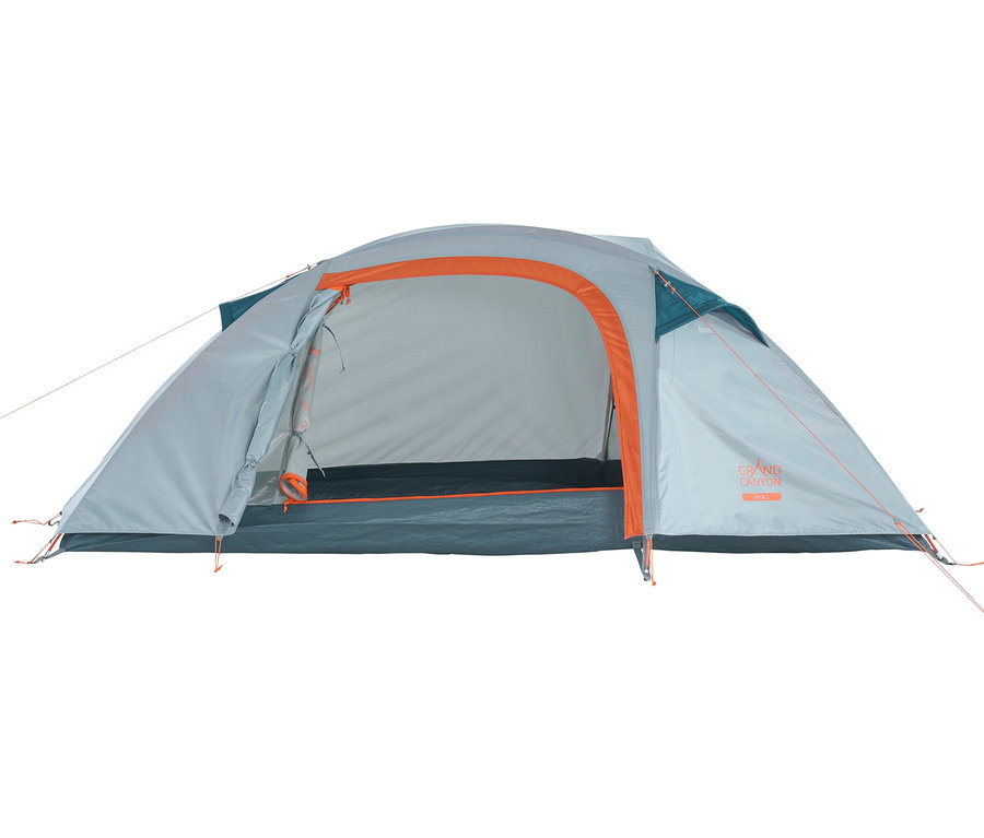 Das geöffnete Grand Canyon 1-Personen-Trekkingzelt »Apex« ist grau mit orangefarbenen Akzenten und steht auf einem dunklen Untergrund.