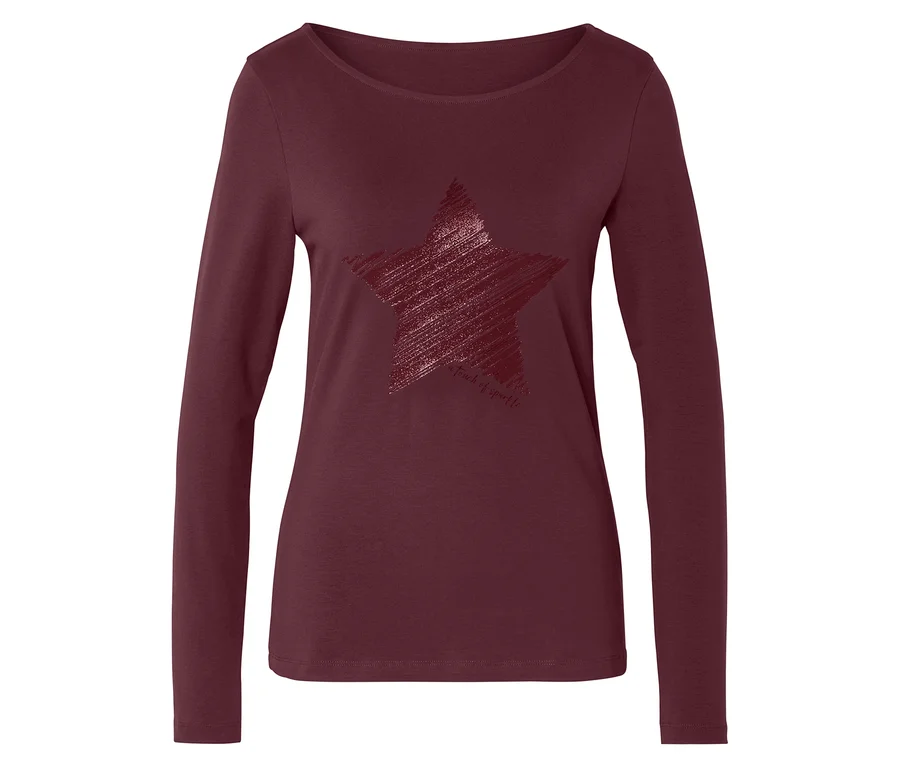 Dunkelrotes Langarmshirt mit einem glitzernden Stern-Design auf der Vorderseite.