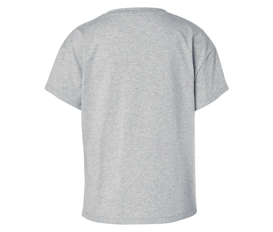 Rückansicht eines hellgrauen T-Shirts mit kurzen Ärmeln.