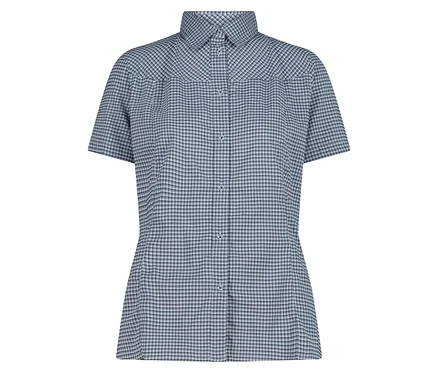 Ein blau-weiß kariertes Kurzarmhemd mit Kragen und Knöpfen.