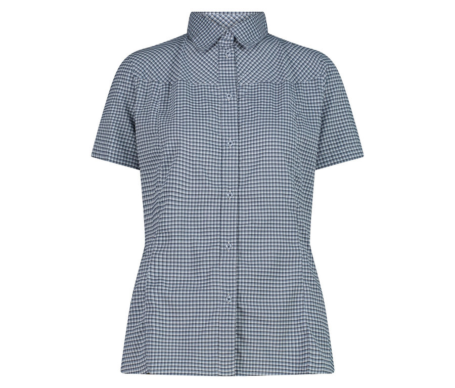 Ein blau-weiß kariertes Kurzarmhemd mit Kragen und Knöpfen.