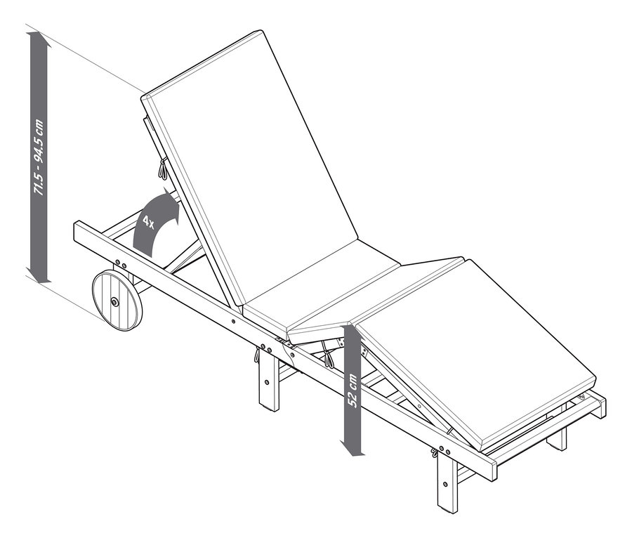 Abbildung einer klassischen Gartenliege mit verstellbarer Rueckenlehne und Raedern.