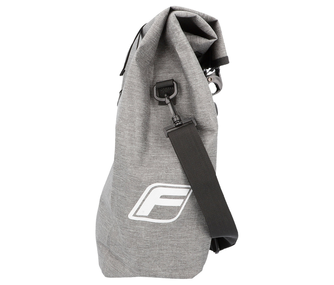 Graue FISCHER Gepäckträgertasche PLUS Cita mit schwarzem Tragegurt.