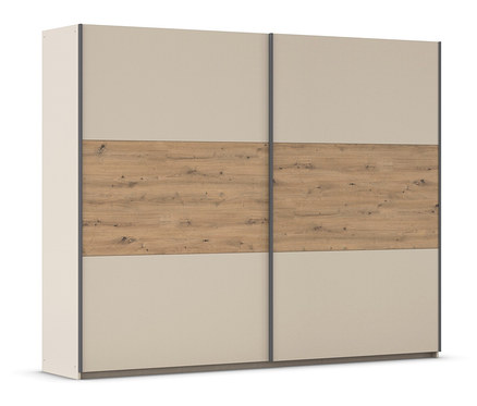 Ein beiger Schiebetürenschrank mit einer horizontalen Holzstruktur in der Mitte.