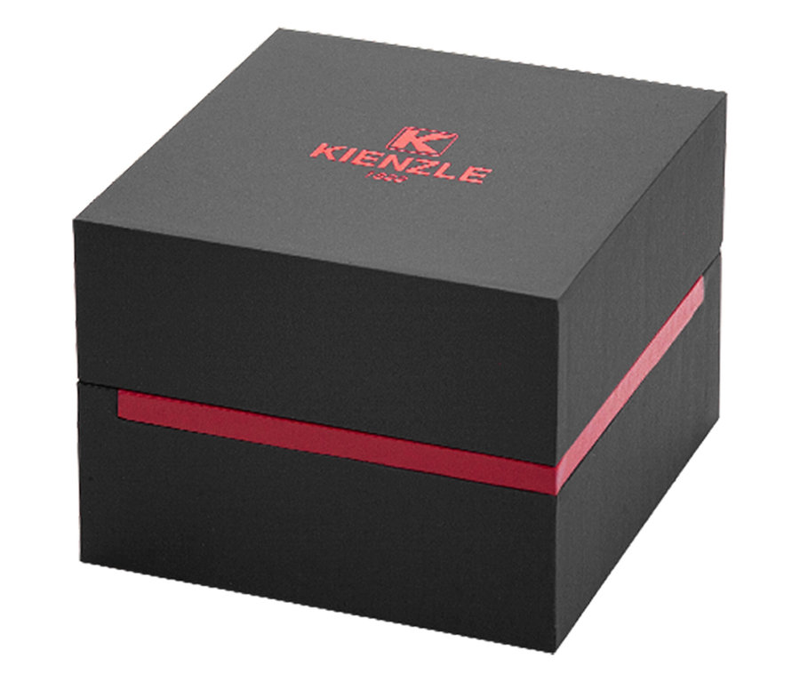 Schwarze, rechteckige Kienzle-Box mit rotem Logo und rotem Streifen in der Mitte.