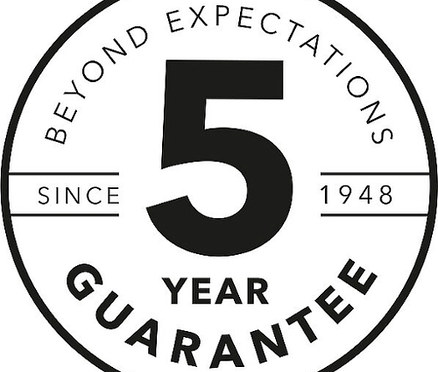 Schwarzes Siegel mit der Aufschrift „Beyond Expectations, 5 Year Guarantee, Since 1948“.