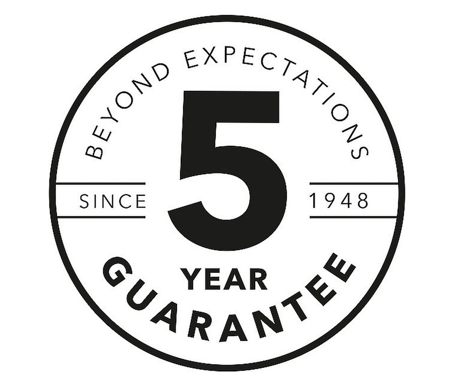 Rundes Logo mit der Aufschrift "5 JAHRE GARANTIE" und "BEYOND EXPECTATIONS SINCE 1948" in Schwarz auf Weiß.