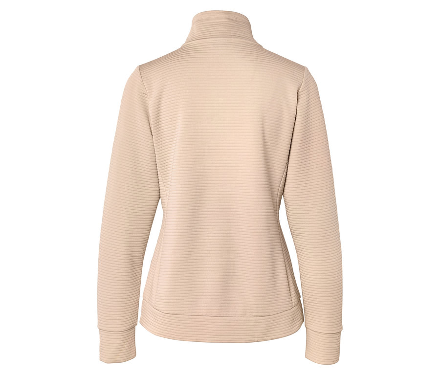 Rückansicht einer beigen gerippten Jacke mit Stehkragen, langen Ärmeln sowie gerippten Bündchen und Saum.