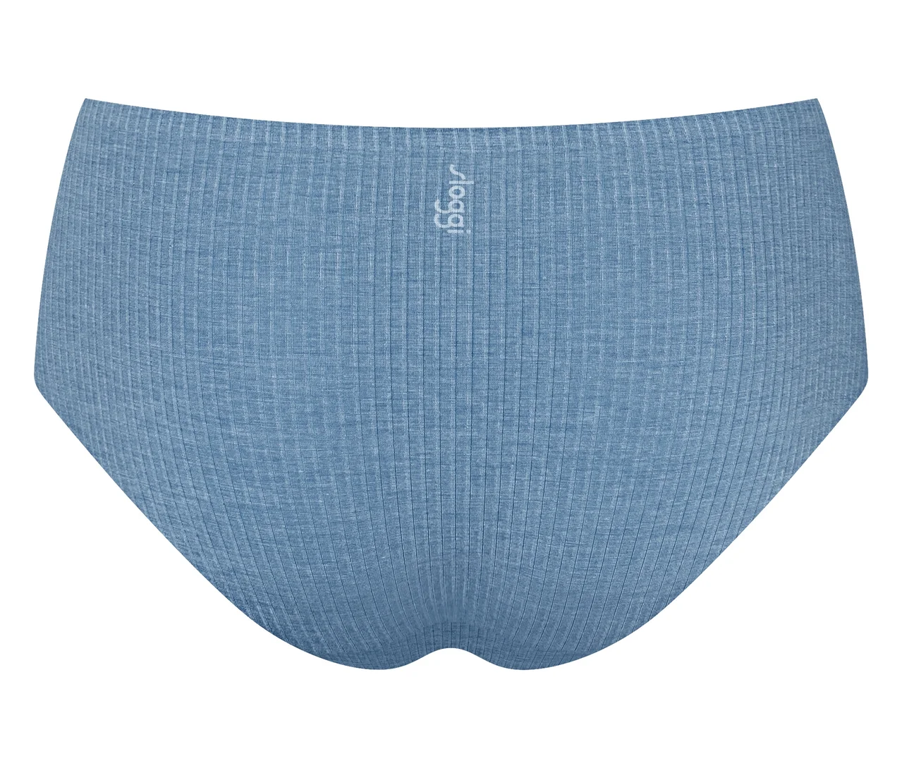 Hellblaue, gerippte Sloggi-Slips in der Rückansicht, mit dem Sloggi-Logo am Bund.