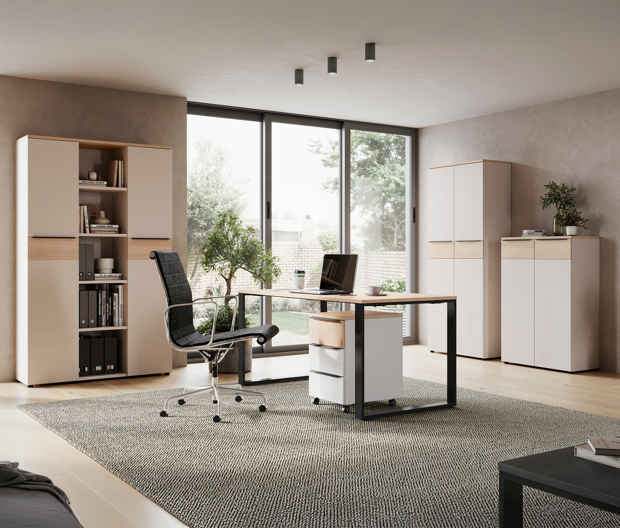 Einrichtung mit einem kleinen Aktenschrank »Oviedo«, einem Schreibtisch und einem Bürostuhl.
