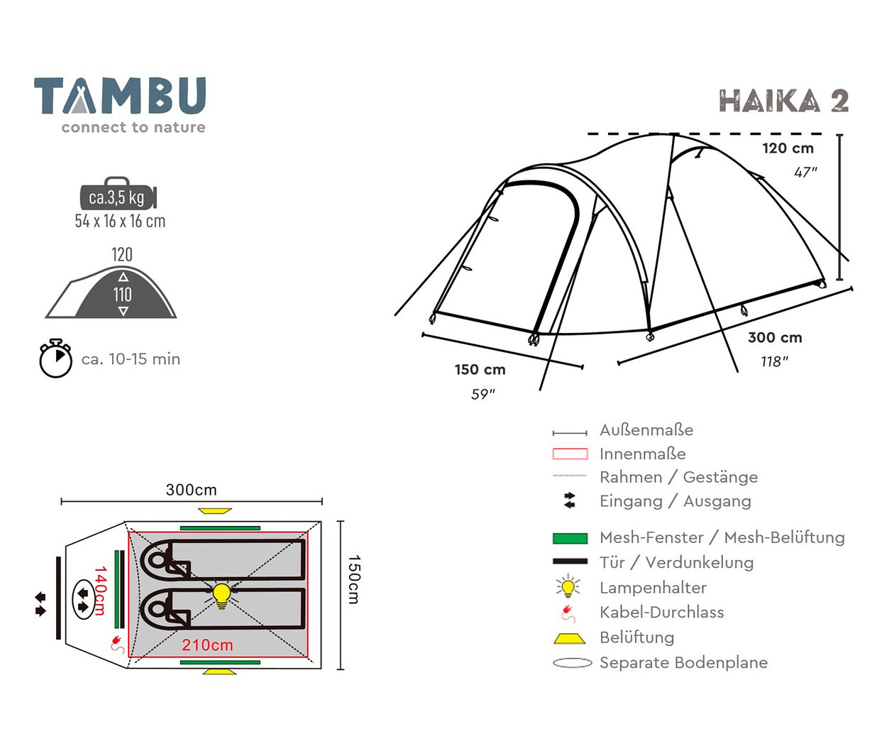 Draufsicht des Tambu »HAIKA 2« 2-Personen-Kuppelzelts mit Maßangaben zu Außen-, Innenmaßen, Rahmen, Gestänge und Eingang.