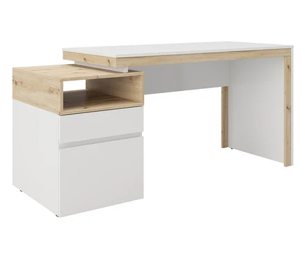 Weißer Schreibtisch mit hellbraunem Holzrahmen und Schubladen.