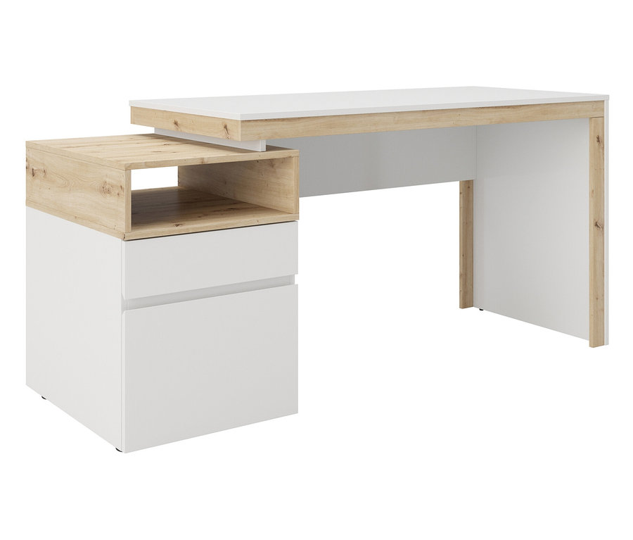 Weißer Schreibtisch mit hellbraunem Holzrahmen und Schubladen.