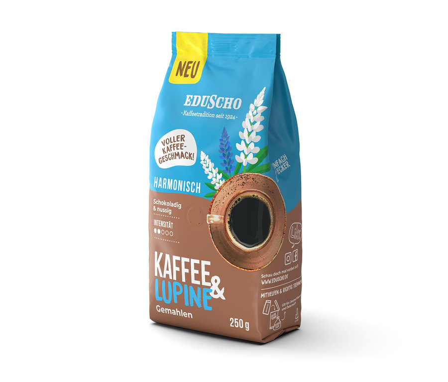 Eine Packung Eduscho Harmonisch Kaffee & Lupine gemahlen mit einer Abbildung einer Tasse Kaffee.