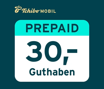 Tchibo Mobil Logo über einem 30 € Guthabenvoucher auf hellblau-weißem Hintergrund.