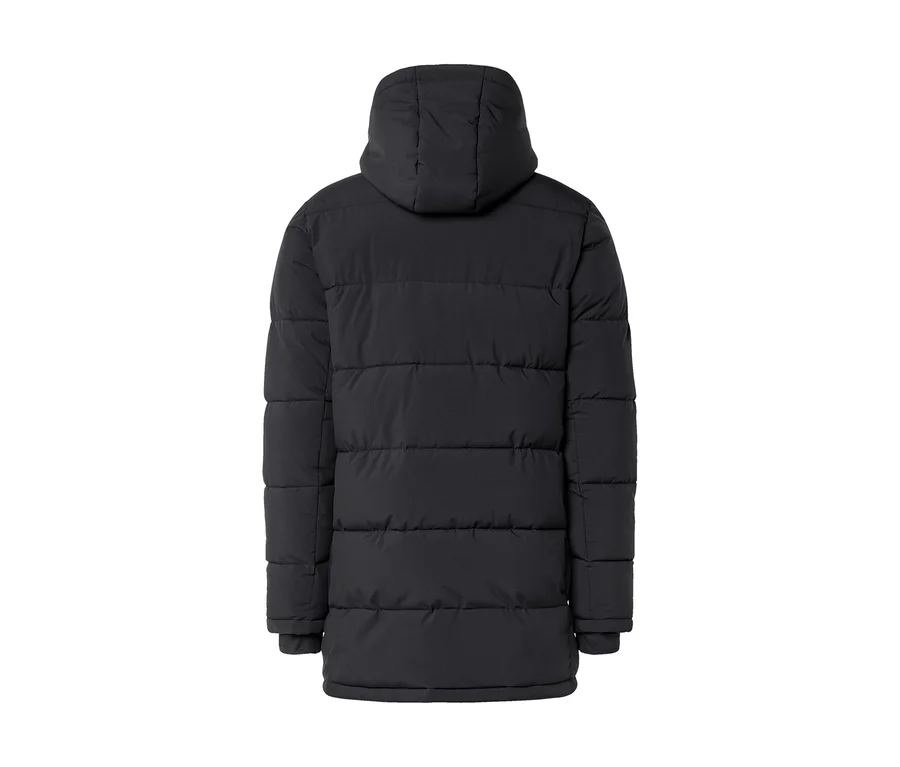 Rückansicht einer schwarzen Steppjacke mit Kapuze, mit horizontaler Steppung und langen Ärmeln.