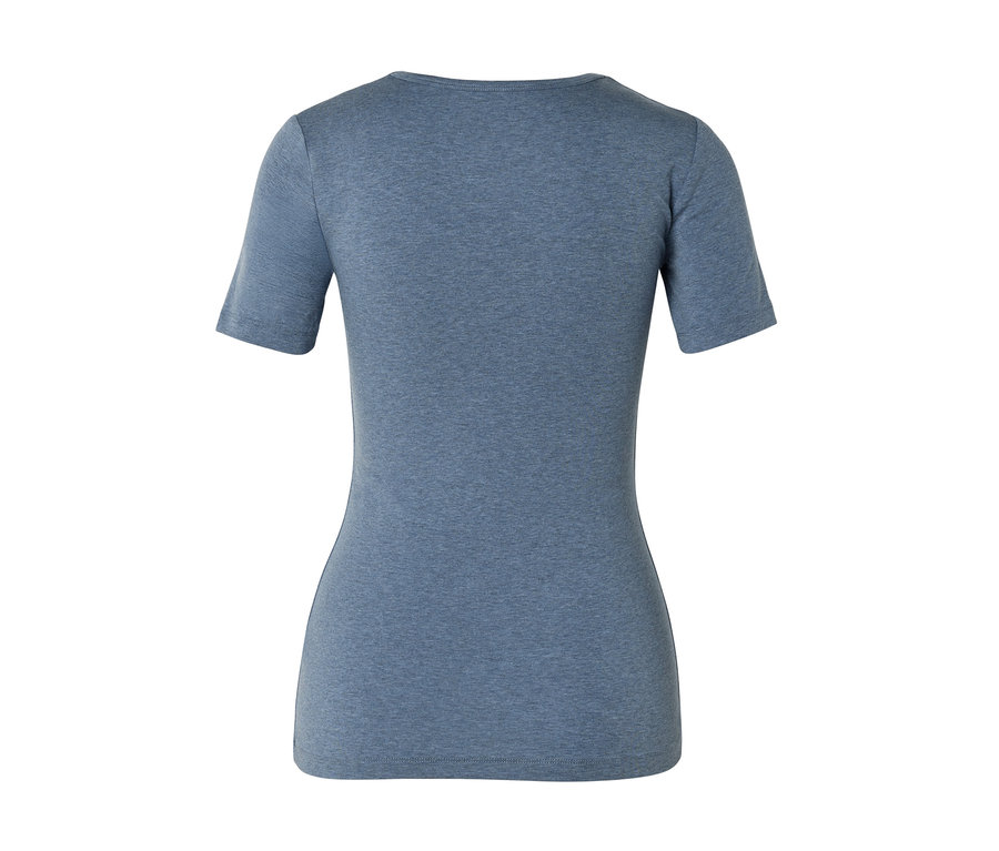 Rückansicht eines figurbetonten, melierten blauen Kurzarm-T-Shirts.