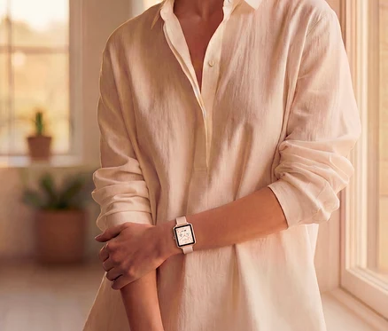 Frau in hellem Hemd trägt eine Smartwatch mit quadratischem Zifferblatt und hellem Armband am linken Handgelenk, blickt zu einem sonnigen Fenster.