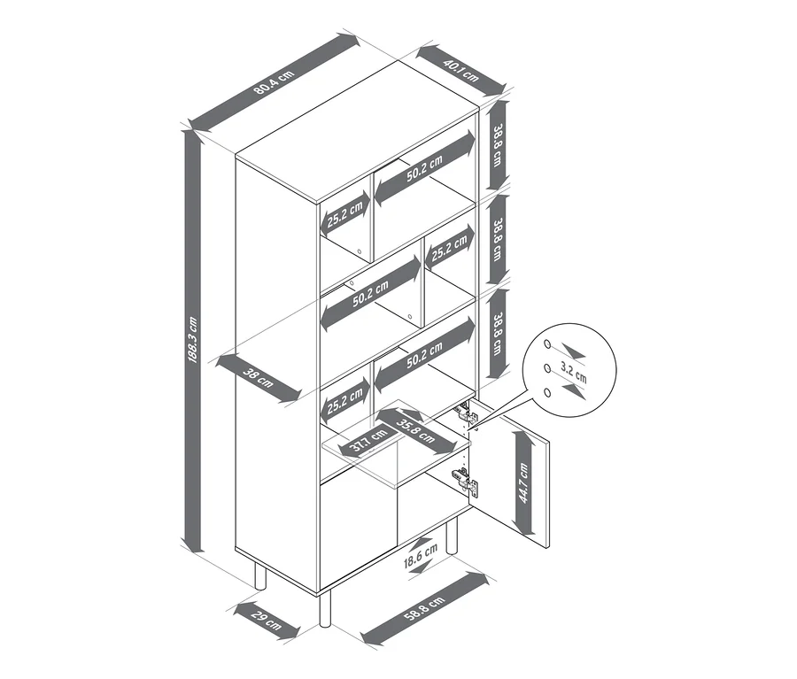 Isometrische Ansicht eines Schranks mit offenen Fächern und einem geschlossenen Fach mit offener Tür, alle Maße sind angegeben. Der Schrank ist 188,3 cm hoch, 80,4 cm breit und 40,1 cm tief.