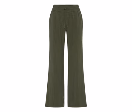 Olivgrüne weite Hose mit elastischem Bund und Kordelzug.