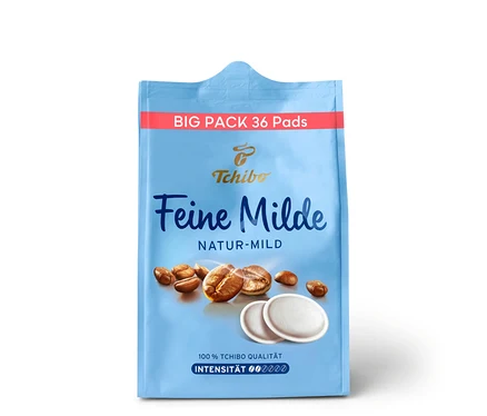Hellblaue Packung Feine Milde Pads mit 36 Kaffeepads.