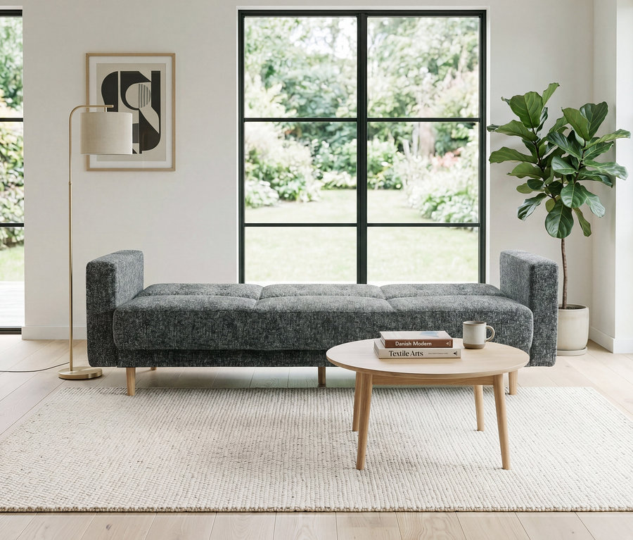 Ein modernes Wohnzimmer mit einem anthrazitfarbenen 3-Sitzer Schlafsofa "Janny" vor einem großen Fenster mit Gartenblick. Ein runder Holztisch mit Büchern und Tasse steht auf einem hellen Teppich. Eine Messing-Stehlampe und eine groÑe Pflanze sind ebenfalls zu sehen.
